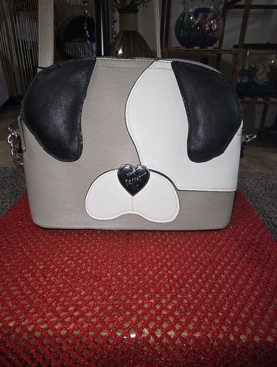 Betsey Johnson Handbags - Betsey Johnson Black White Gray Puppy Applique Crossbody In Preloved Condition